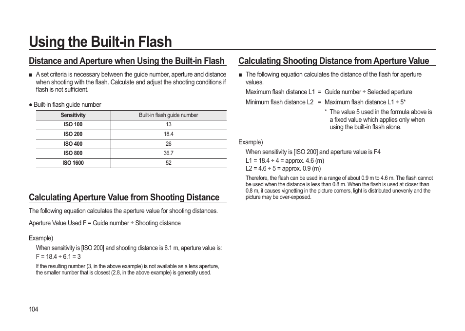 Using the built-in flash, Calculating aperture value from shooting distance, Calculating shooting distance from aperture value | Samsung ER-GX20ZBBB-E1 User Manual | Page 105 / 163