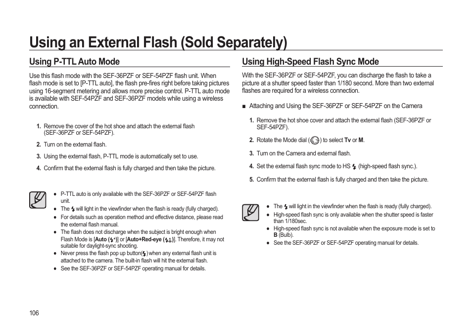 Using an external flash (sold separately), Using p-ttl auto mode, Using high-speed flash sync mode | Samsung ER-GX20ZBBB-E1 User Manual | Page 107 / 163