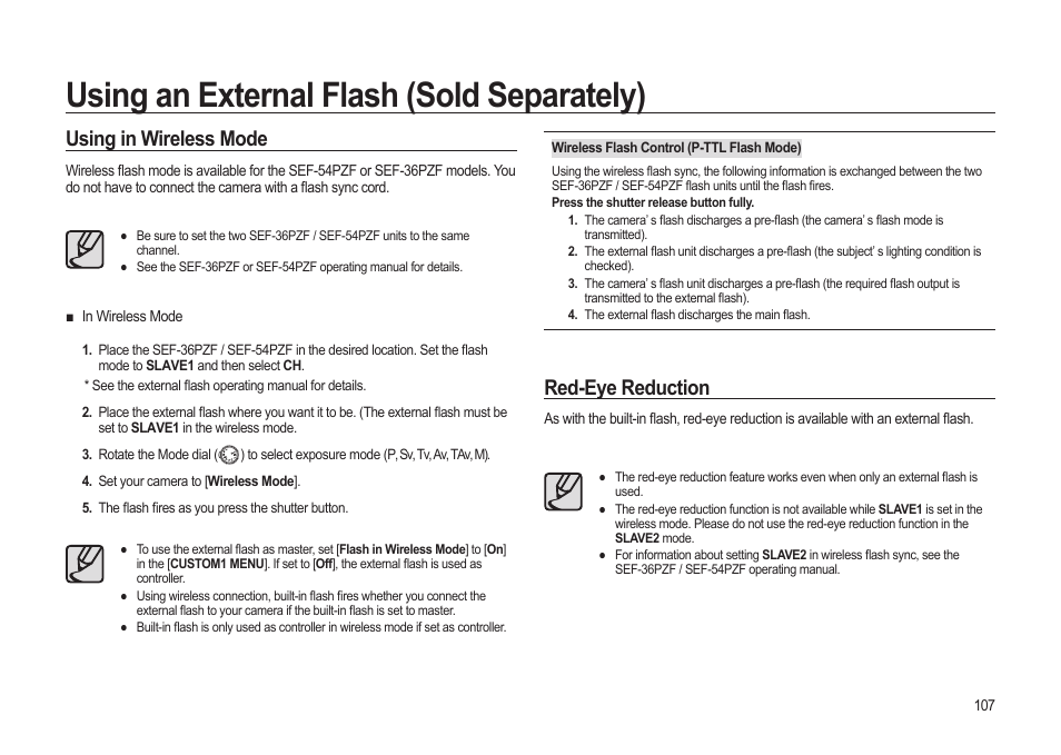 Using an external flash (sold separately), Red-eye reduction, Using in wireless mode | Samsung ER-GX20ZBBB-E1 User Manual | Page 108 / 163