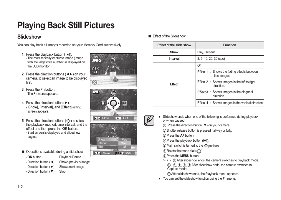 Playing back still pictures, Slideshow | Samsung ER-GX20ZBBB-E1 User Manual | Page 113 / 163