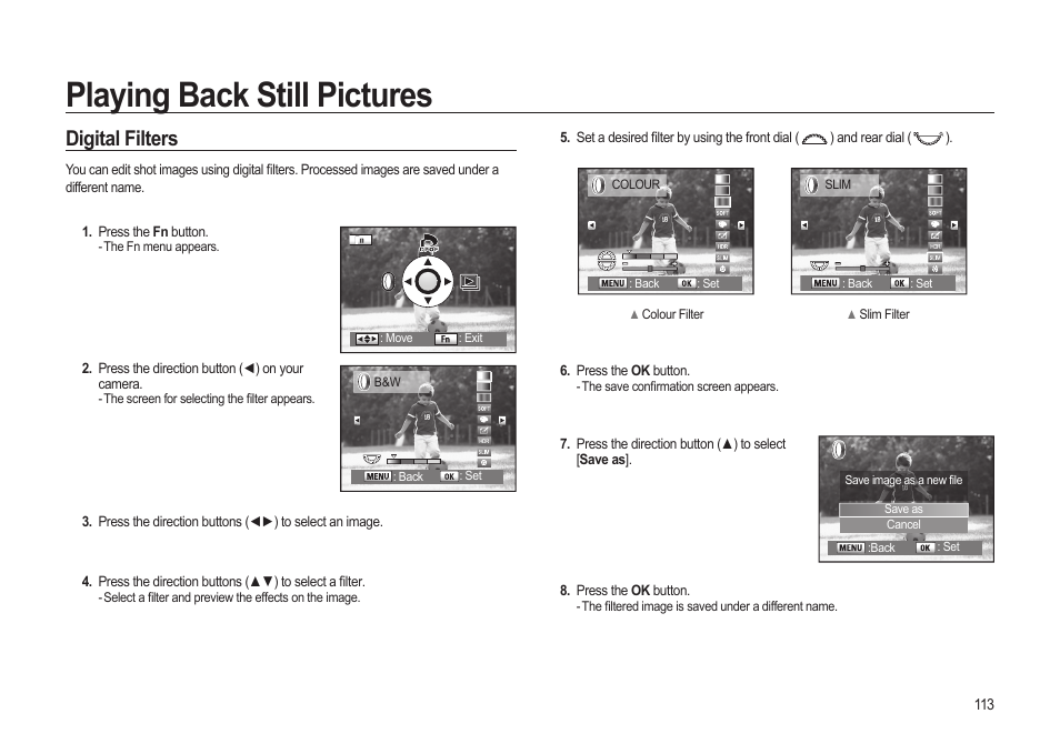 Playing back still pictures, Digital filters | Samsung ER-GX20ZBBB-E1 User Manual | Page 114 / 163