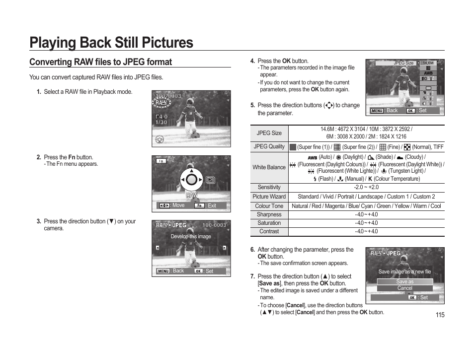 Playing back still pictures, Converting raw fi les to jpeg format | Samsung ER-GX20ZBBB-E1 User Manual | Page 116 / 163