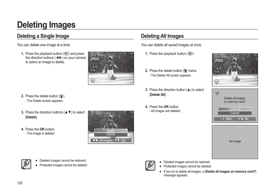 Deleting images, Deleting a single image, Deleting all images | Samsung ER-GX20ZBBB-E1 User Manual | Page 117 / 163