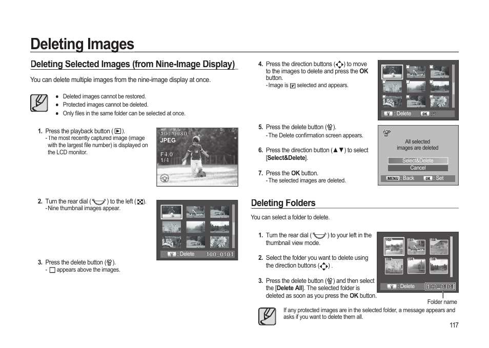 Deleting images, Deleting folders, Deleting selected images (from nine-image display) | Samsung ER-GX20ZBBB-E1 User Manual | Page 118 / 163