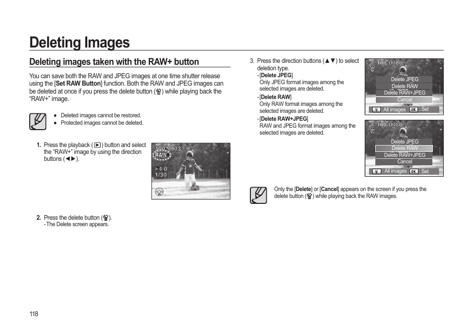 Deleting images, Deleting images taken with the raw+ button | Samsung ER-GX20ZBBB-E1 User Manual | Page 119 / 163