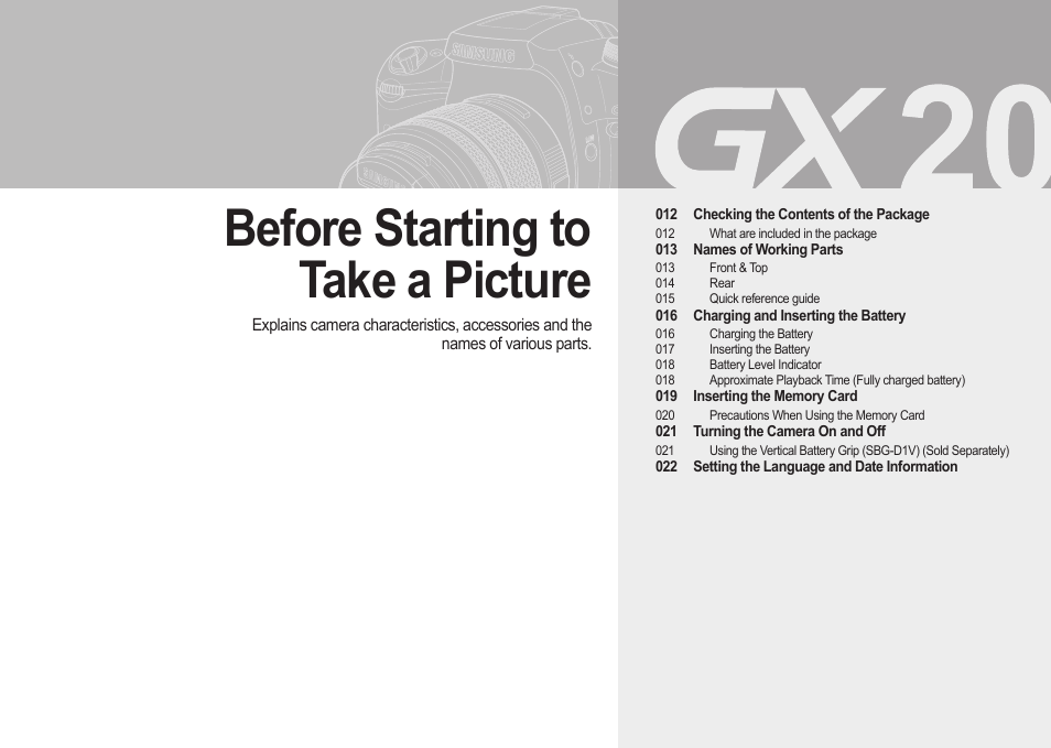 Before starting to take a picture | Samsung ER-GX20ZBBB-E1 User Manual | Page 12 / 163