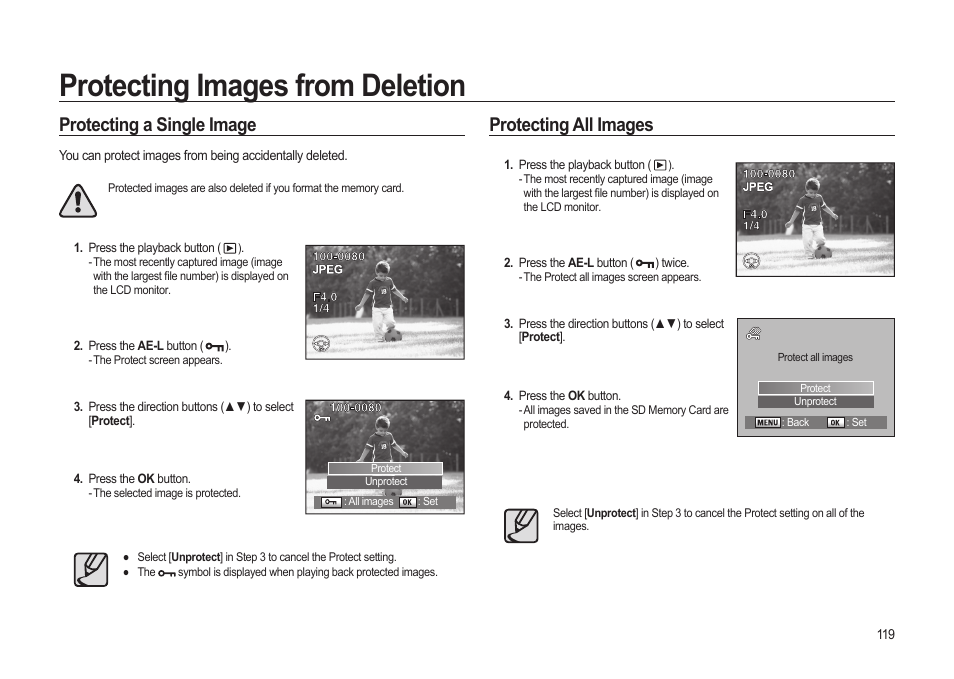 Protecting images from deletion, Protecting a single image, Protecting all images | Samsung ER-GX20ZBBB-E1 User Manual | Page 120 / 163