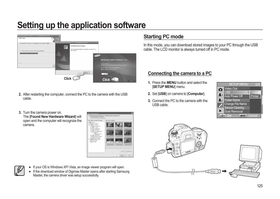 Setting up the application software, Starting pc mode | Samsung ER-GX20ZBBB-E1 User Manual | Page 126 / 163