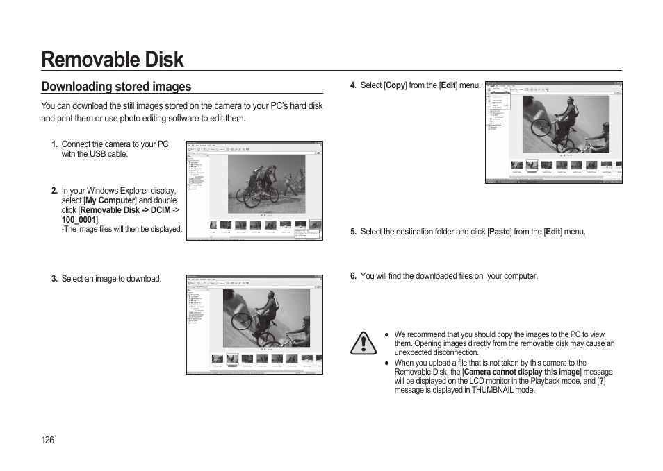 Removable disk, Downloading stored images | Samsung ER-GX20ZBBB-E1 User Manual | Page 127 / 163