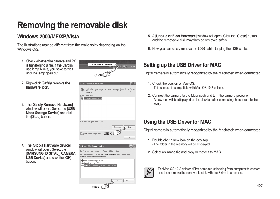 Removing the removable disk, Windows 2000/me/xp/vista, Setting up the usb driver for mac | Using the usb driver for mac | Samsung ER-GX20ZBBB-E1 User Manual | Page 128 / 163