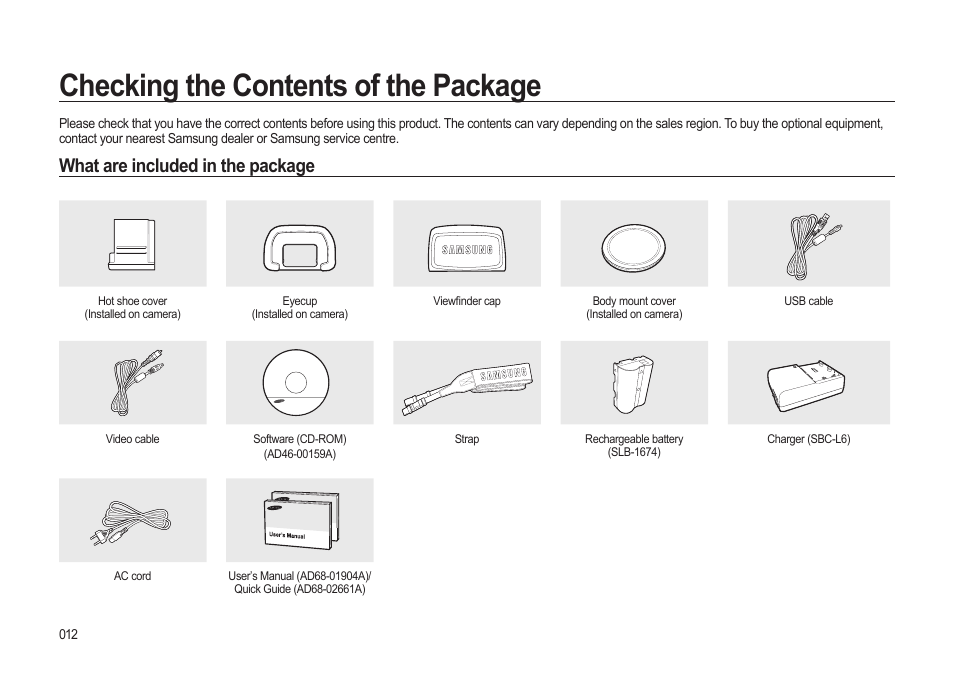 Checking the contents of the package, What are included in the package | Samsung ER-GX20ZBBB-E1 User Manual | Page 13 / 163