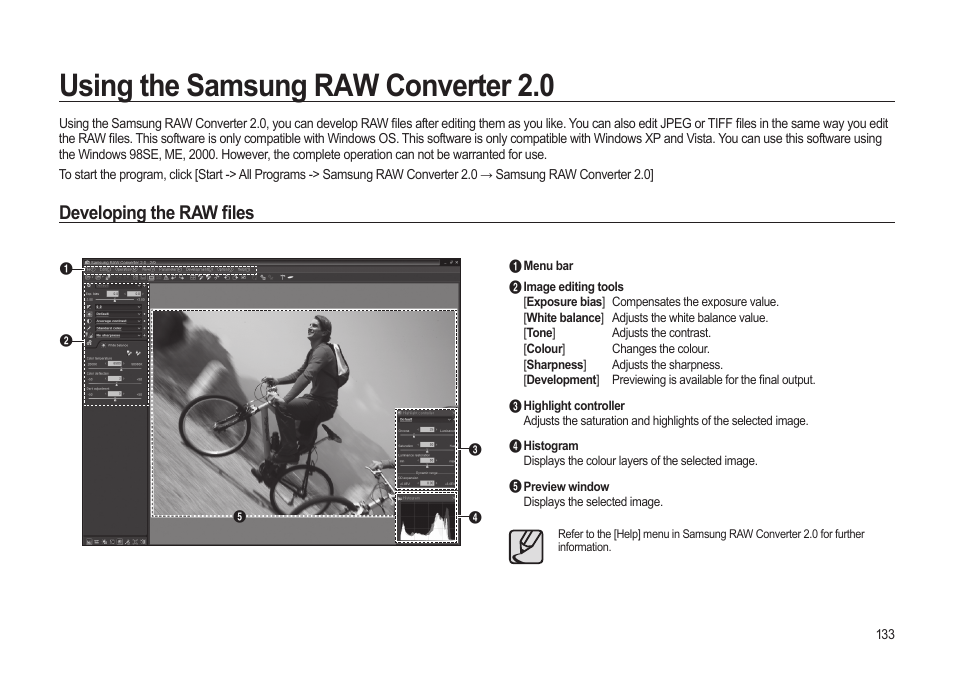 Using the samsung raw converter 2.0, Developing the raw fi les | Samsung ER-GX20ZBBB-E1 User Manual | Page 134 / 163