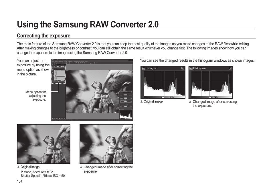 Using the samsung raw converter 2.0, Correcting the exposure | Samsung ER-GX20ZBBB-E1 User Manual | Page 135 / 163