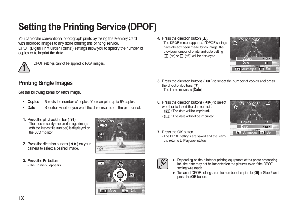 Setting the printing service (dpof), Printing single images | Samsung ER-GX20ZBBB-E1 User Manual | Page 139 / 163