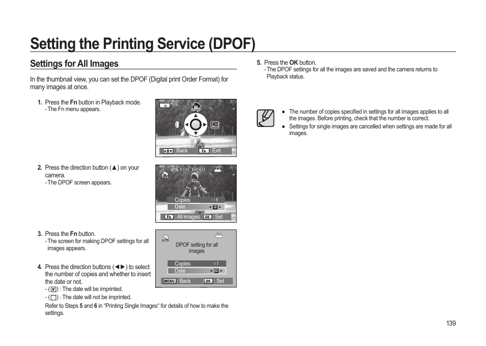 Setting the printing service (dpof), Settings for all images | Samsung ER-GX20ZBBB-E1 User Manual | Page 140 / 163