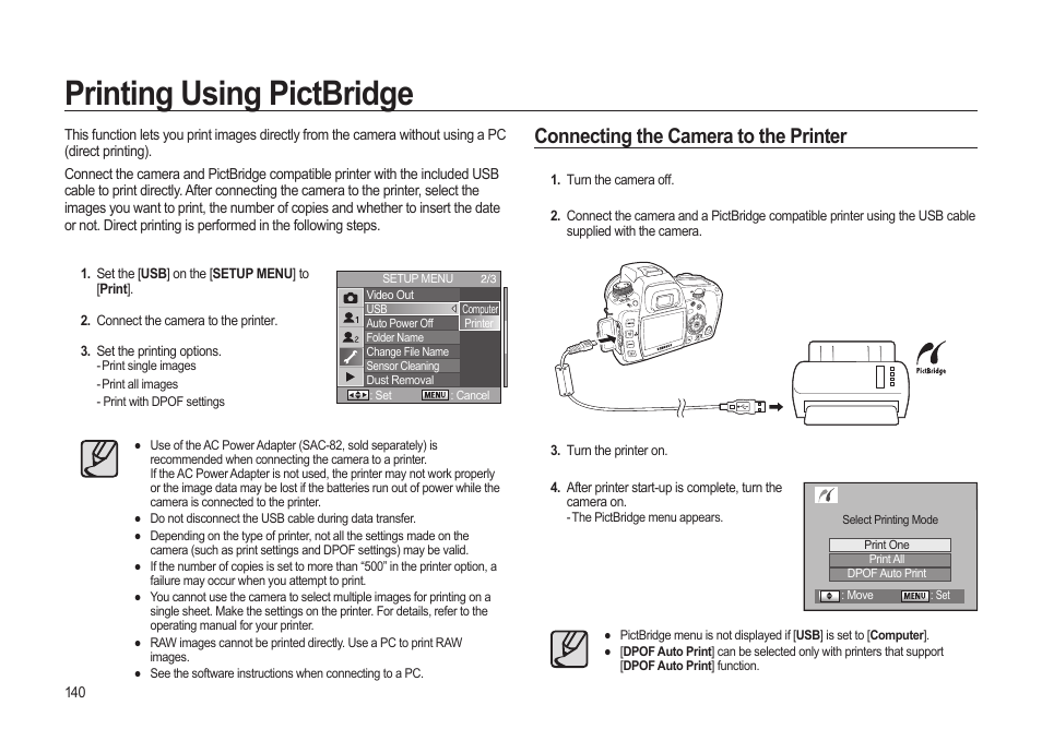 Printing using pictbridge, Connecting the camera to the printer | Samsung ER-GX20ZBBB-E1 User Manual | Page 141 / 163
