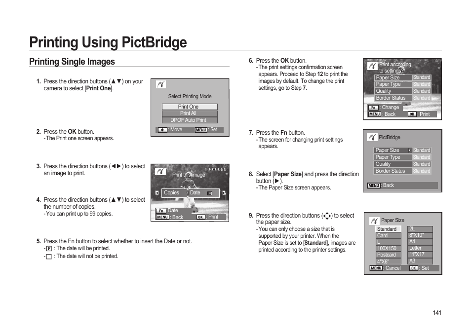 Printing using pictbridge, Printing single images | Samsung ER-GX20ZBBB-E1 User Manual | Page 142 / 163