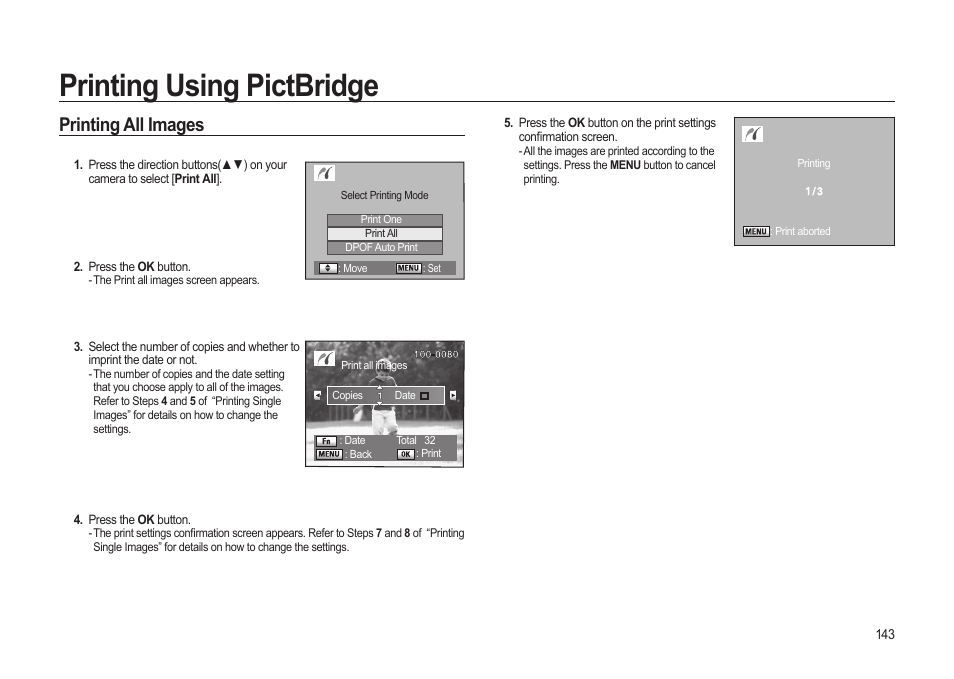 Printing using pictbridge, Printing all images | Samsung ER-GX20ZBBB-E1 User Manual | Page 144 / 163