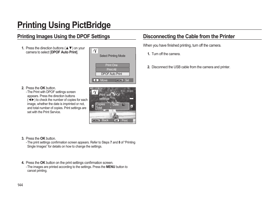 Printing using pictbridge, Printing images using the dpof settings, Disconnecting the cable from the printer | Samsung ER-GX20ZBBB-E1 User Manual | Page 145 / 163