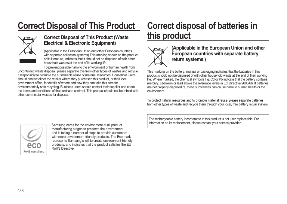 Correct disposal of this product, Correct disposal of batteries in this product | Samsung ER-GX20ZBBB-E1 User Manual | Page 159 / 163