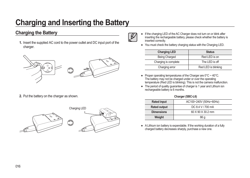 Charging and inserting the battery, Charging the battery | Samsung ER-GX20ZBBB-E1 User Manual | Page 17 / 163