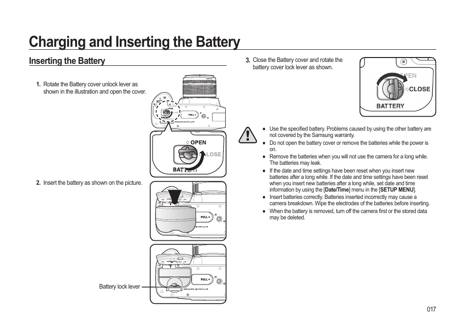 Charging and inserting the battery, Inserting the battery | Samsung ER-GX20ZBBB-E1 User Manual | Page 18 / 163