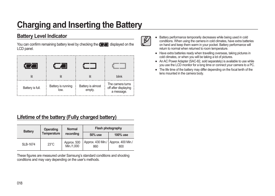 Charging and inserting the battery, Battery level indicator, Lifetime of the battery (fully charged battery) | Samsung ER-GX20ZBBB-E1 User Manual | Page 19 / 163