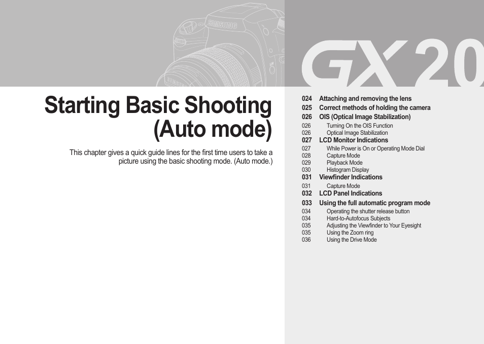 Starting basic shooting (auto mode) | Samsung ER-GX20ZBBB-E1 User Manual | Page 24 / 163