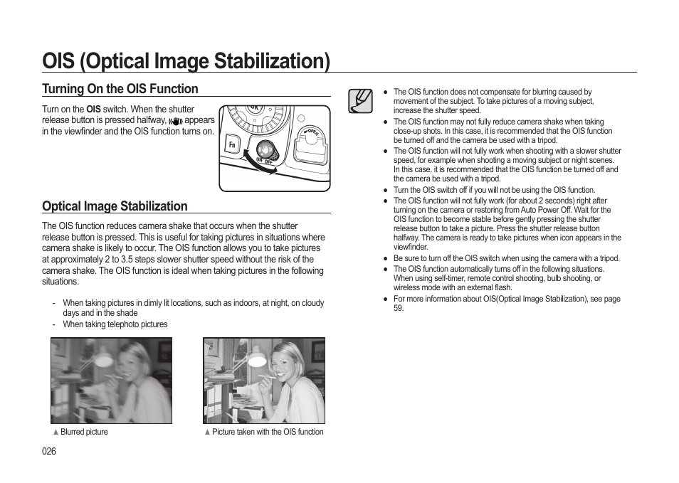 Ois (optical image stabilization), Turning on the ois function, Optical image stabilization | Samsung ER-GX20ZBBB-E1 User Manual | Page 27 / 163