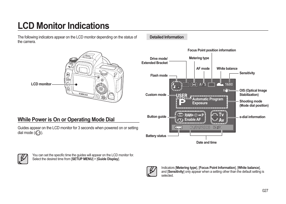 Lcd monitor indications, While power is on or operating mode dial | Samsung ER-GX20ZBBB-E1 User Manual | Page 28 / 163