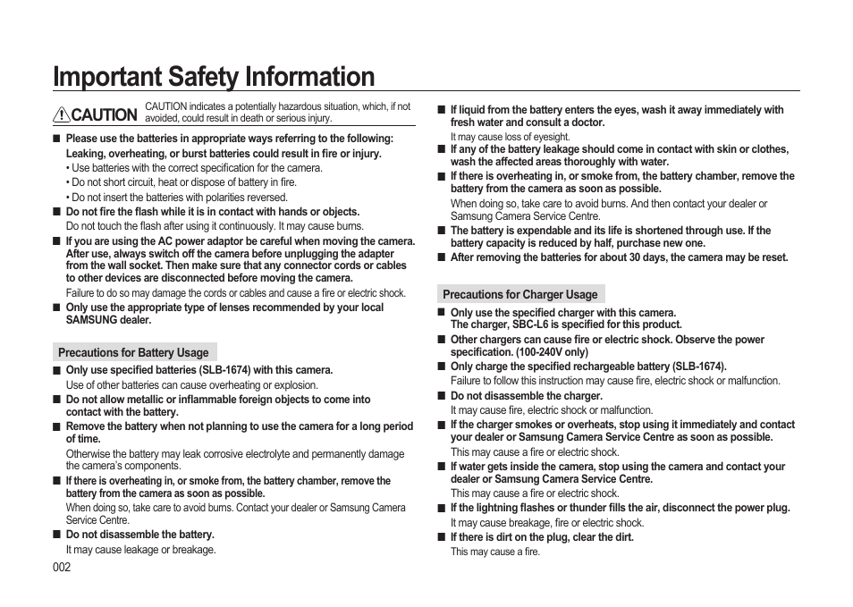 Important safety information, Caution | Samsung ER-GX20ZBBB-E1 User Manual | Page 3 / 163