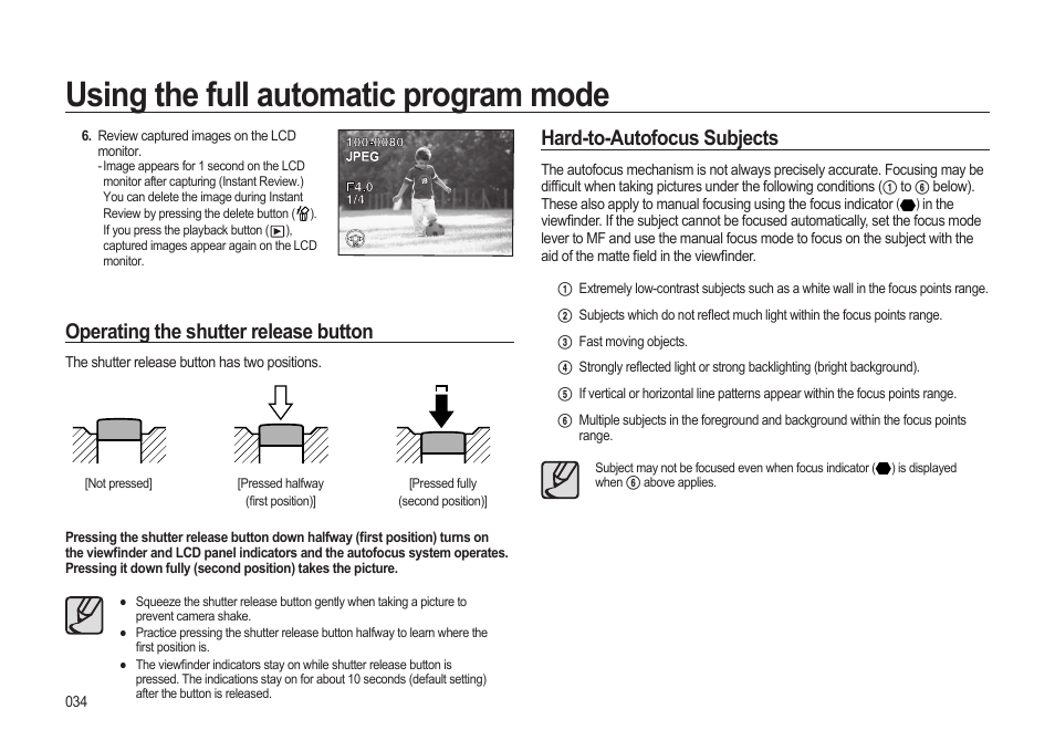 Using the full automatic program mode, Hard-to-autofocus subjects, Operating the shutter release button | Samsung ER-GX20ZBBB-E1 User Manual | Page 35 / 163