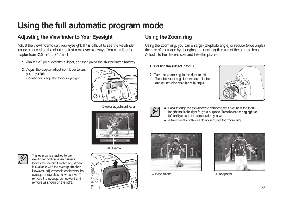 Using the full automatic program mode, Adjusting the viewfi nder to your eyesight, Using the zoom ring | Samsung ER-GX20ZBBB-E1 User Manual | Page 36 / 163