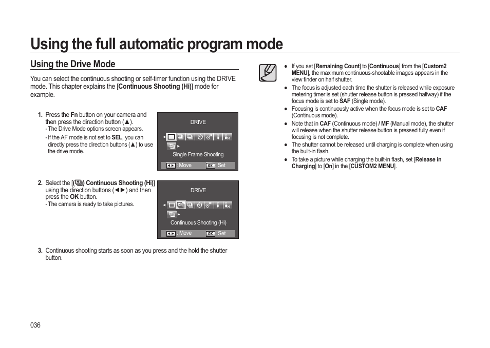 Using the full automatic program mode, Using the drive mode | Samsung ER-GX20ZBBB-E1 User Manual | Page 37 / 163