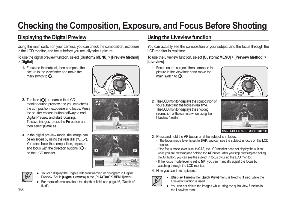 Displaying the digital preview, Using the liveview function | Samsung ER-GX20ZBBB-E1 User Manual | Page 39 / 163