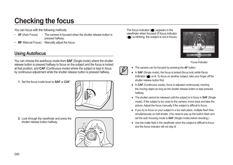 Checking the focus, Using autofocus | Samsung ER-GX20ZBBB-E1 User Manual | Page 41 / 163