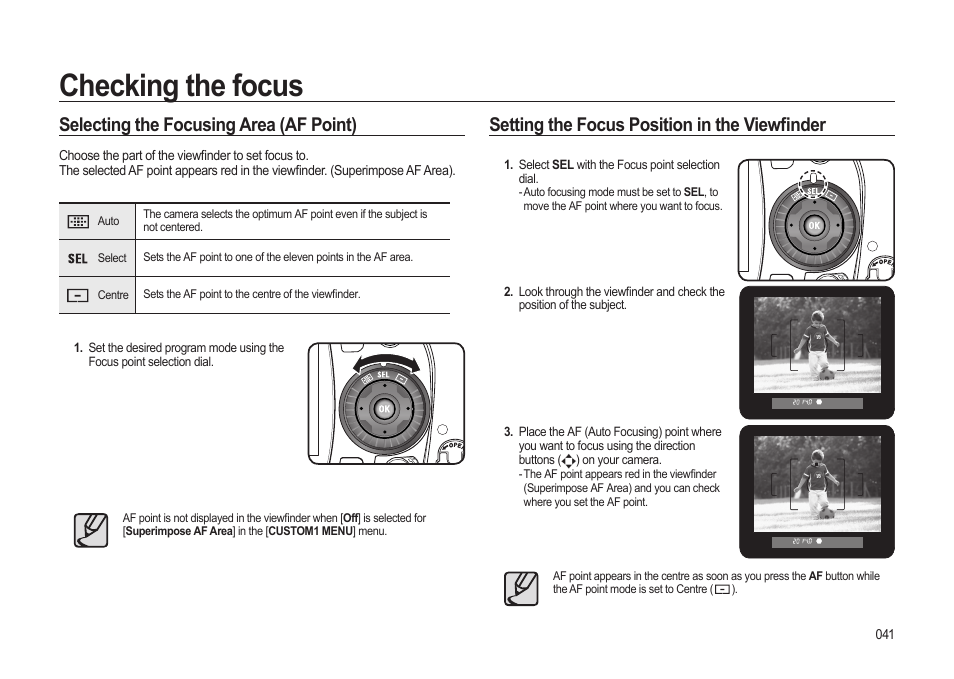 Checking the focus, Selecting the focusing area (af point), Setting the focus position in the viewfi nder | Samsung ER-GX20ZBBB-E1 User Manual | Page 42 / 163