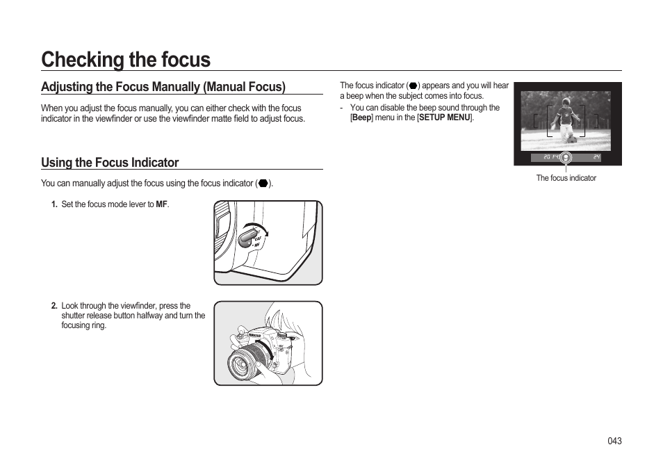 Checking the focus, Adjusting the focus manually (manual focus), Using the focus indicator | Samsung ER-GX20ZBBB-E1 User Manual | Page 44 / 163