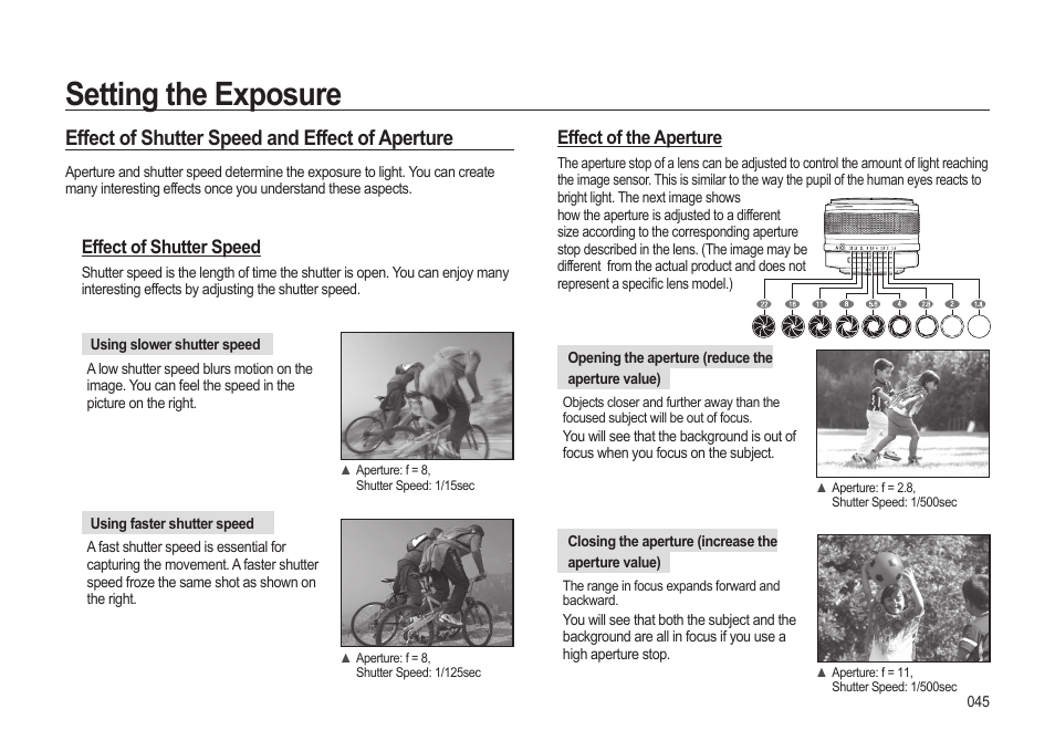 Setting the exposure, Effect of shutter speed and effect of aperture, Effect of shutter speed | Effect of the aperture | Samsung ER-GX20ZBBB-E1 User Manual | Page 46 / 163