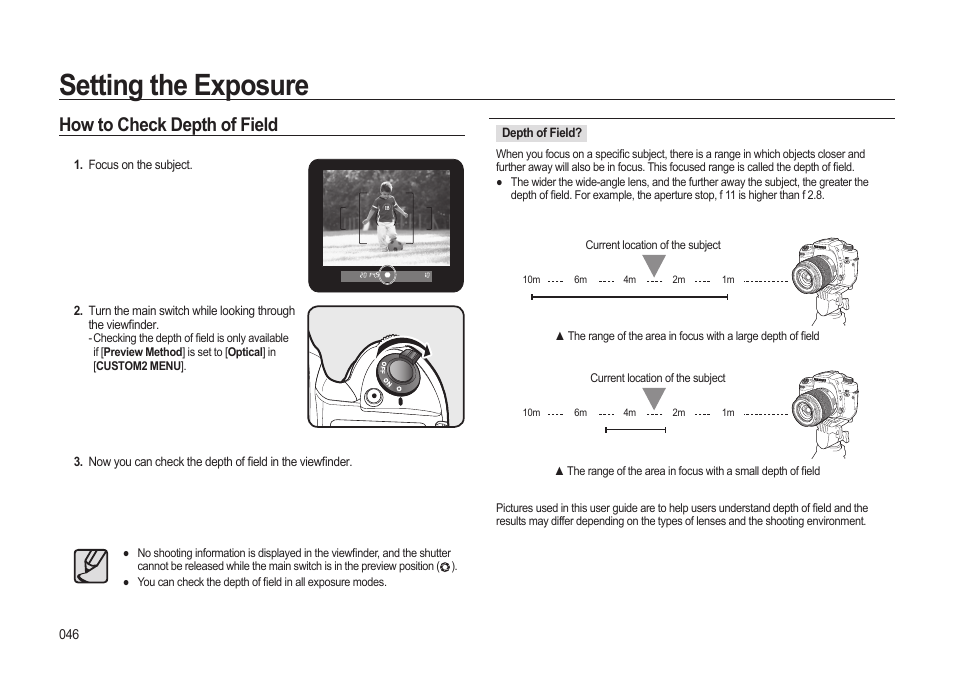 Setting the exposure, How to check depth of field | Samsung ER-GX20ZBBB-E1 User Manual | Page 47 / 163