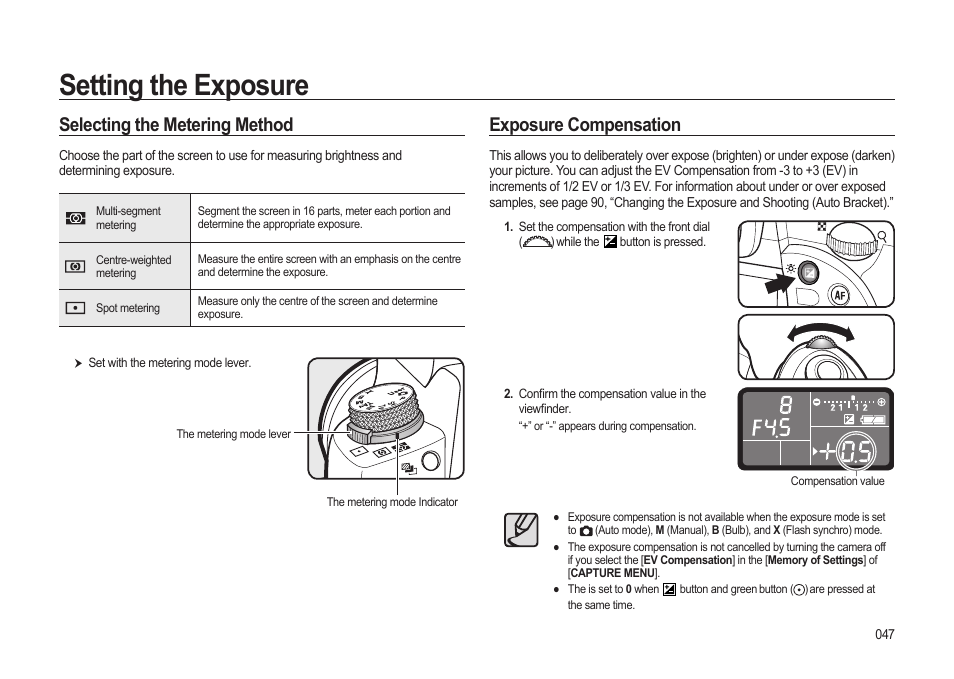 Setting the exposure, Selecting the metering method, Exposure compensation | Samsung ER-GX20ZBBB-E1 User Manual | Page 48 / 163