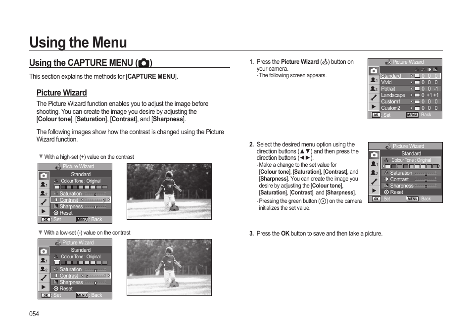 Using the menu, Using the capture menu ( ), Picture wizard | Samsung ER-GX20ZBBB-E1 User Manual | Page 55 / 163