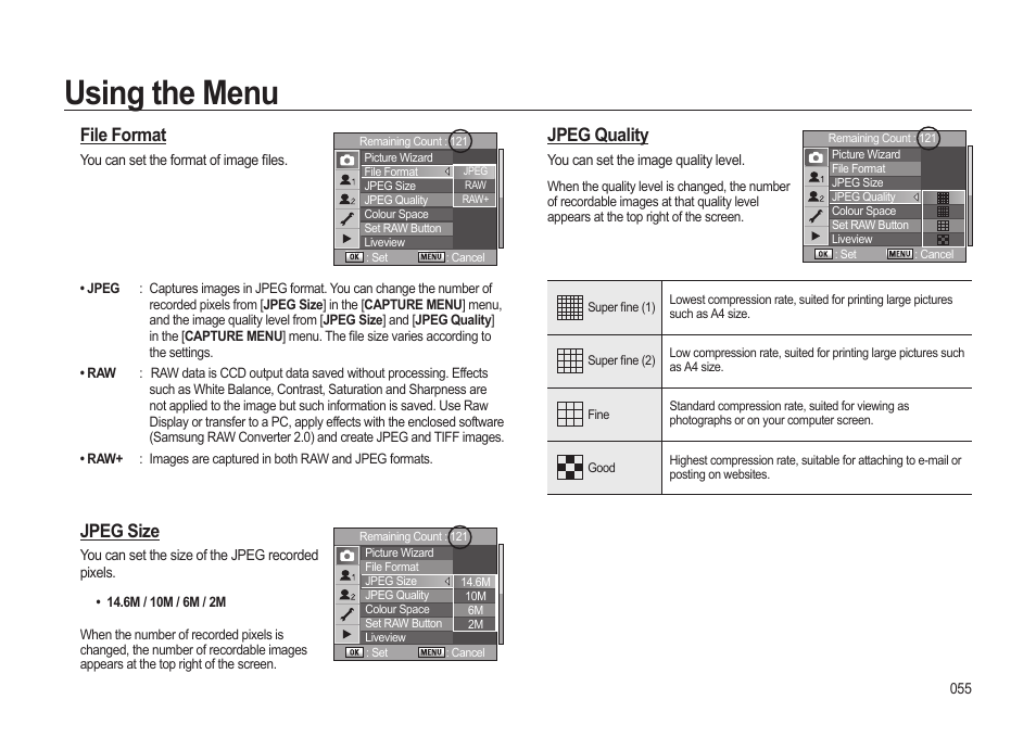 Using the menu, Jpeg quality, File format | Jpeg size | Samsung ER-GX20ZBBB-E1 User Manual | Page 56 / 163