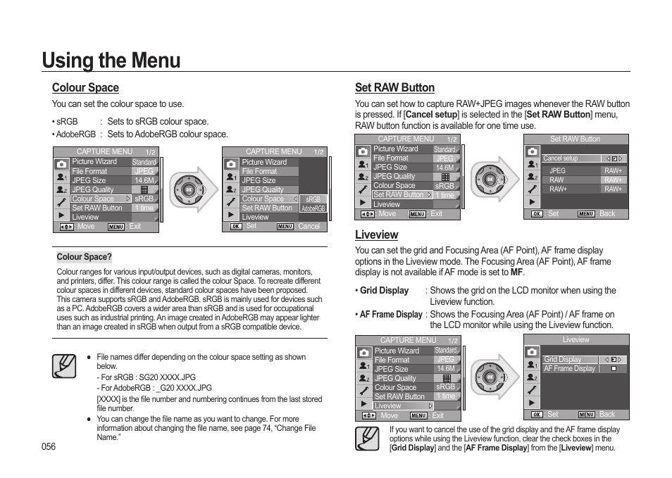 Using the menu, Colour space, Set raw button | Liveview | Samsung ER-GX20ZBBB-E1 User Manual | Page 57 / 163