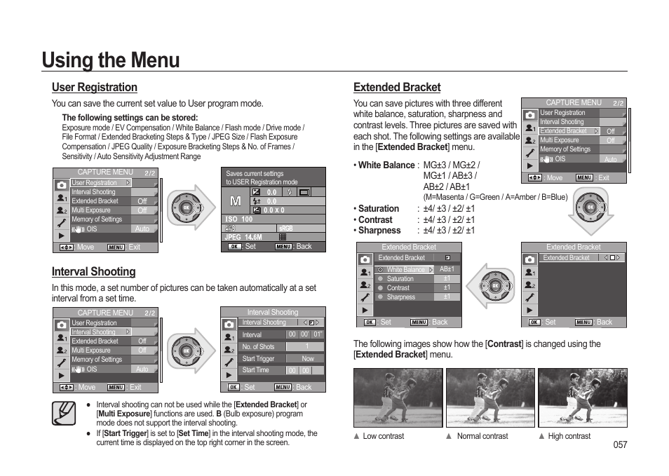 Using the menu, User registration, Interval shooting | Extended bracket | Samsung ER-GX20ZBBB-E1 User Manual | Page 58 / 163