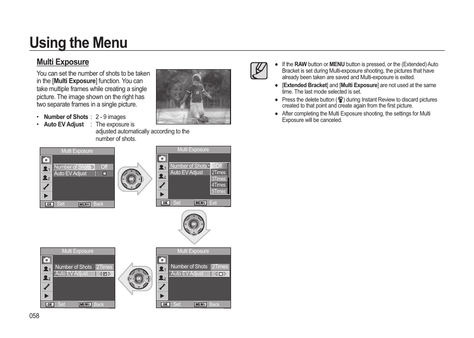 Using the menu, Multi exposure | Samsung ER-GX20ZBBB-E1 User Manual | Page 59 / 163