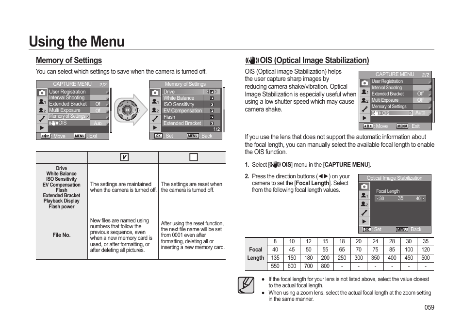 Using the menu, Ois (optical image stabilization) | Samsung ER-GX20ZBBB-E1 User Manual | Page 60 / 163