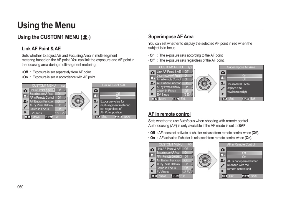Using the menu, Using the custom1 menu ( ), Superimpose af area | Af in remote control, Link af point & ae | Samsung ER-GX20ZBBB-E1 User Manual | Page 61 / 163