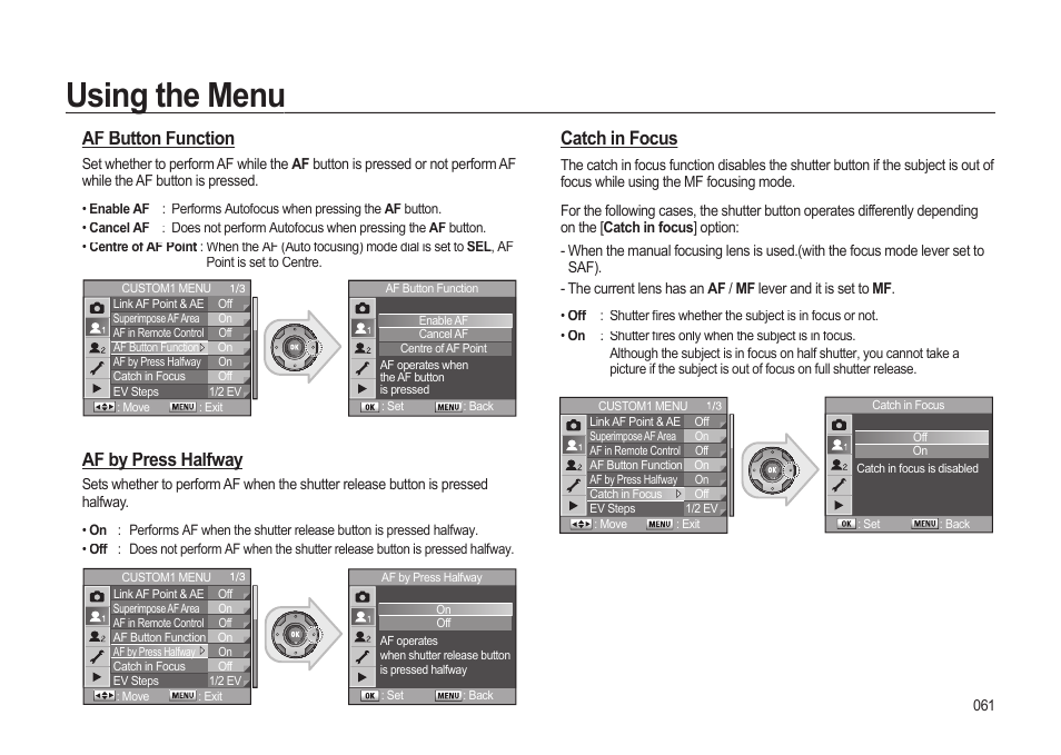 Using the menu, Af button function, Af by press halfway | Catch in focus | Samsung ER-GX20ZBBB-E1 User Manual | Page 62 / 163