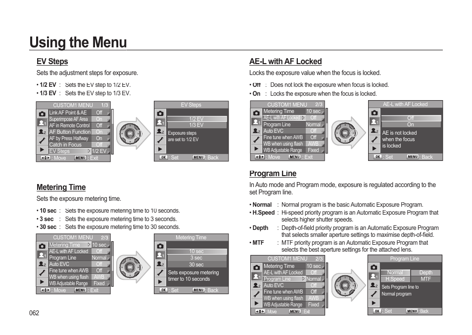 Using the menu, Ae-l with af locked, Program line | Ev steps, Metering time | Samsung ER-GX20ZBBB-E1 User Manual | Page 63 / 163